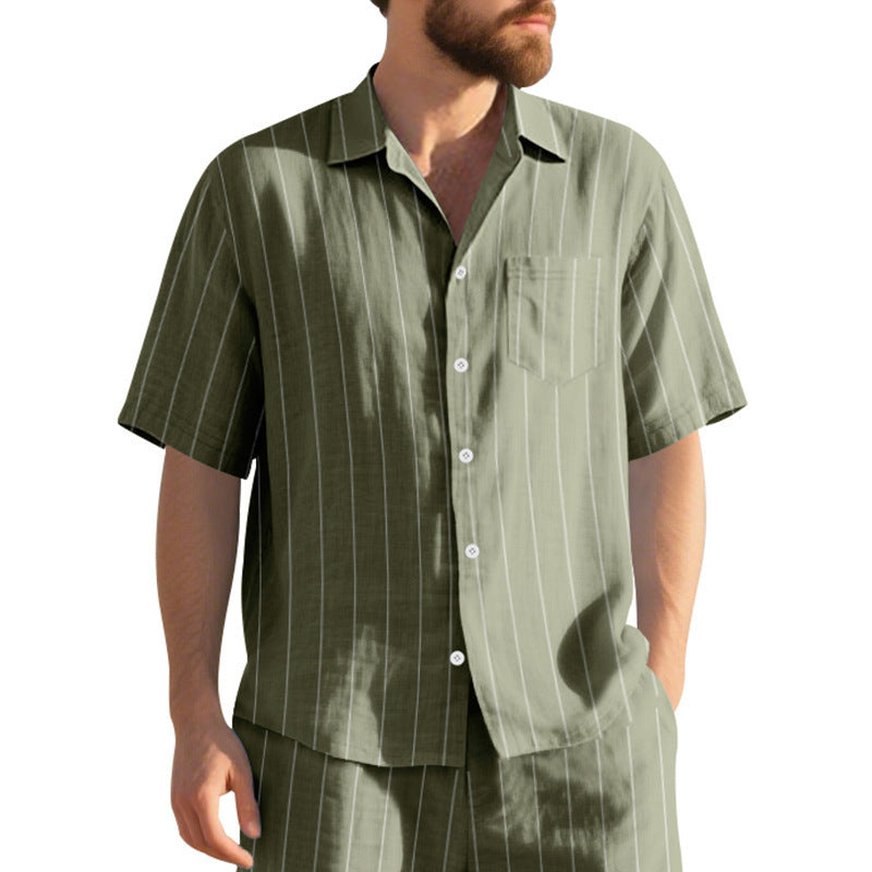 # Striped Linen Short-Sleeve Business Casual Shirt with Lapel