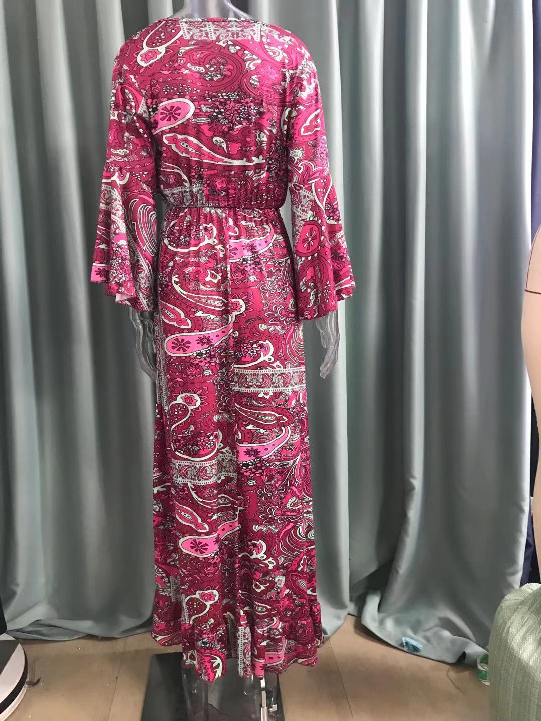 Floral Print V-Neck Flared Sleeve Vacation Maxi Dress
