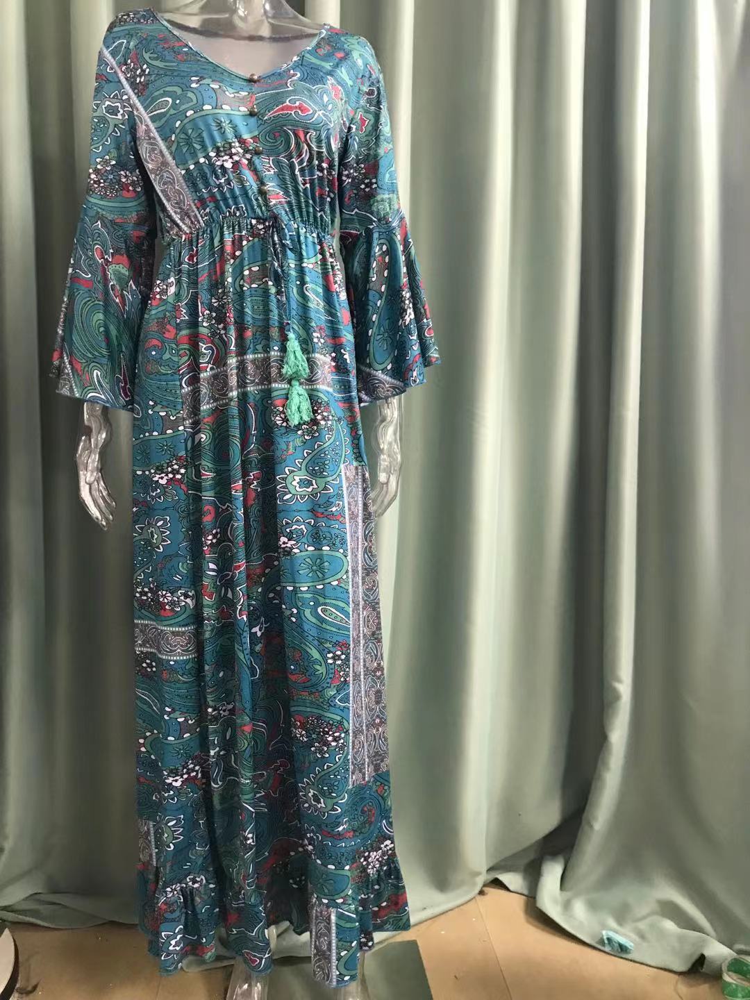 Floral Print V-Neck Flared Sleeve Vacation Maxi Dress