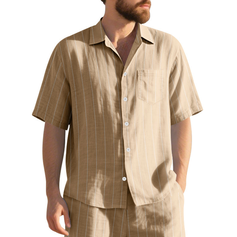 # Striped Linen Short-Sleeve Business Casual Shirt with Lapel