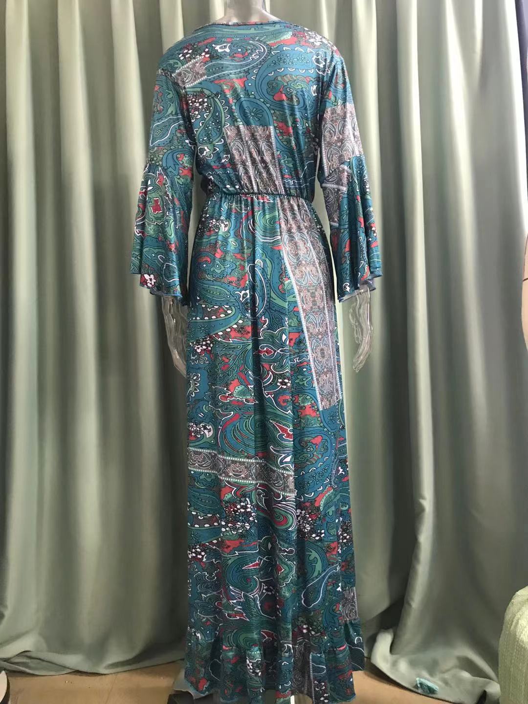 Floral Print V-Neck Flared Sleeve Vacation Maxi Dress