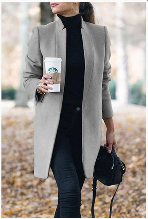 Stylish Solid Color Stand Collar Wool Coat