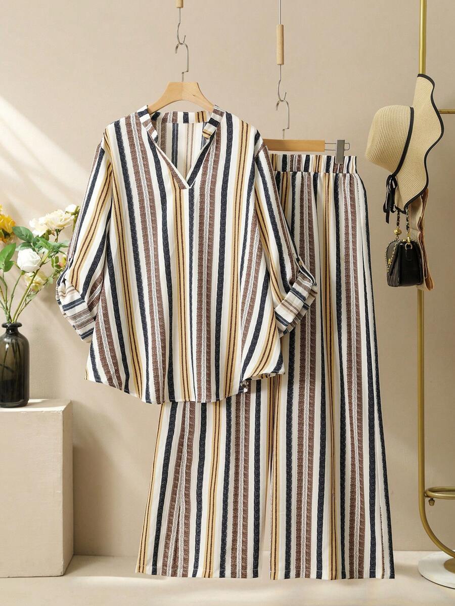 Striped Print V-Neck Set