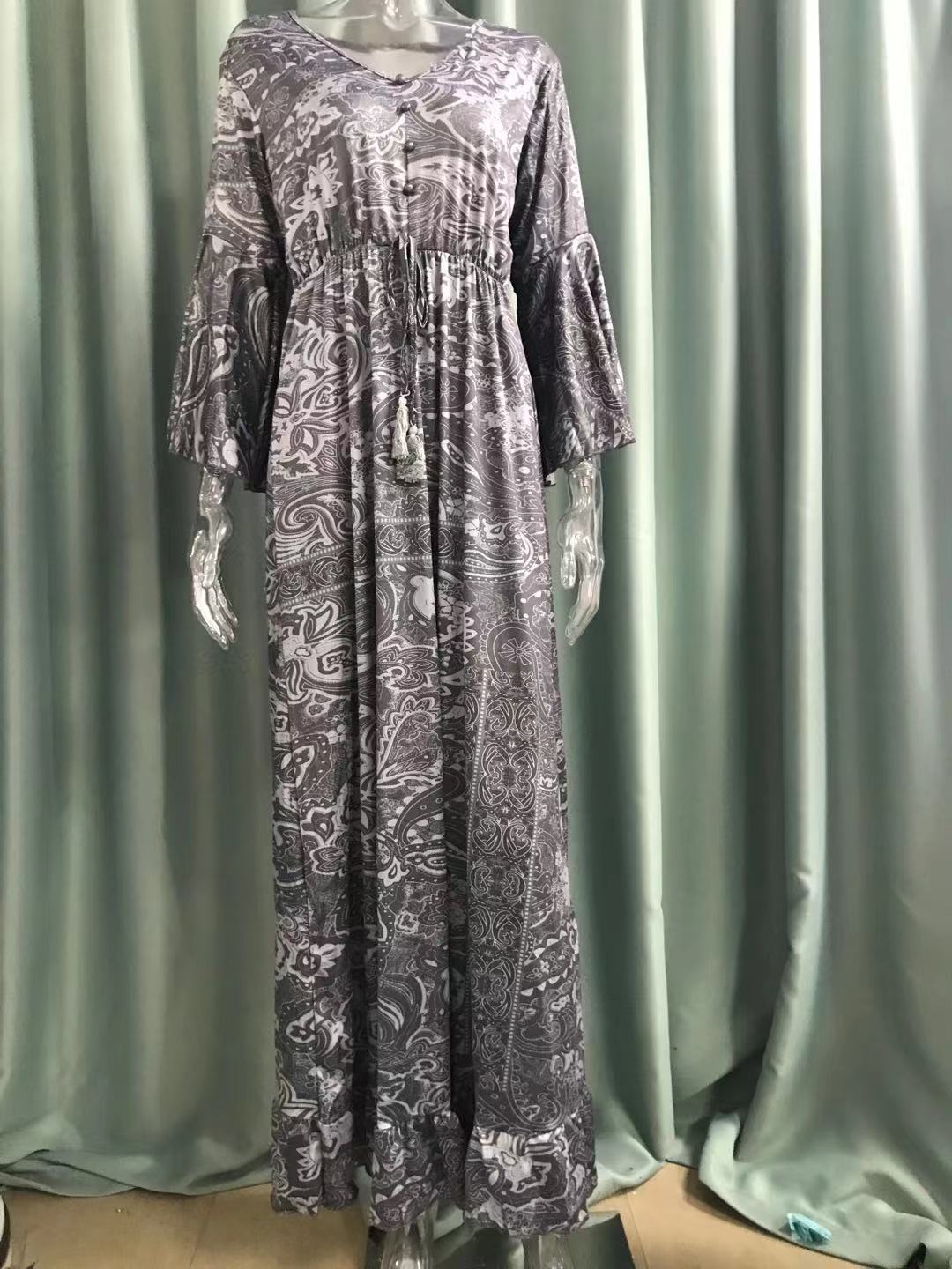 Floral Print V-Neck Flared Sleeve Vacation Maxi Dress