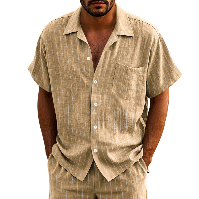 # Striped Linen Short-Sleeve Business Casual Shirt with Lapel