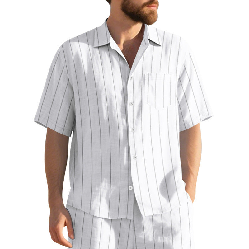 # Striped Linen Short-Sleeve Business Casual Shirt with Lapel