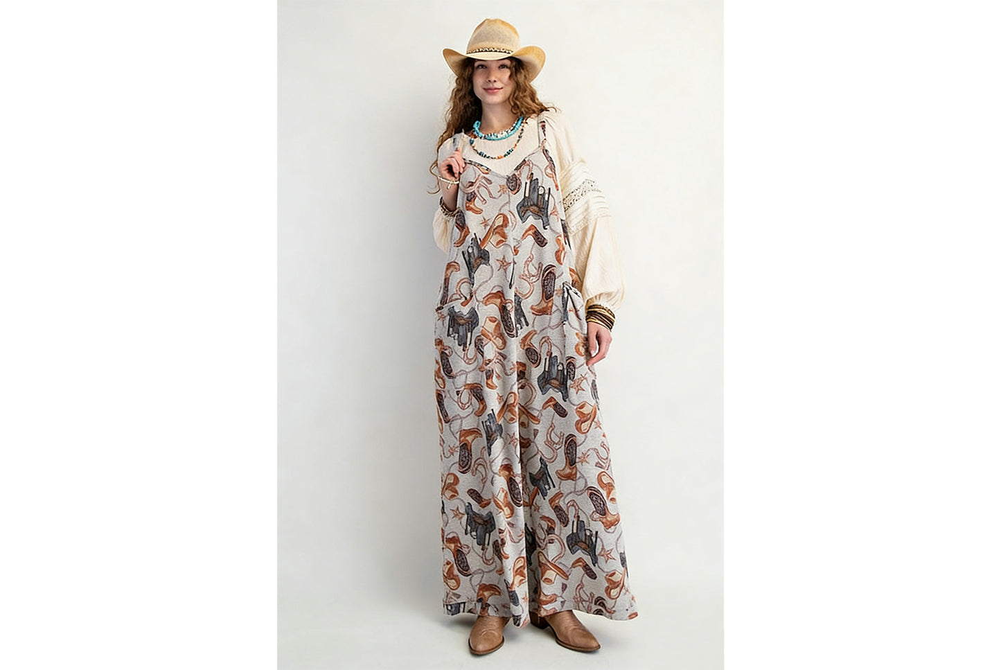 Printed Loose-fitting Straight-leg Overalls