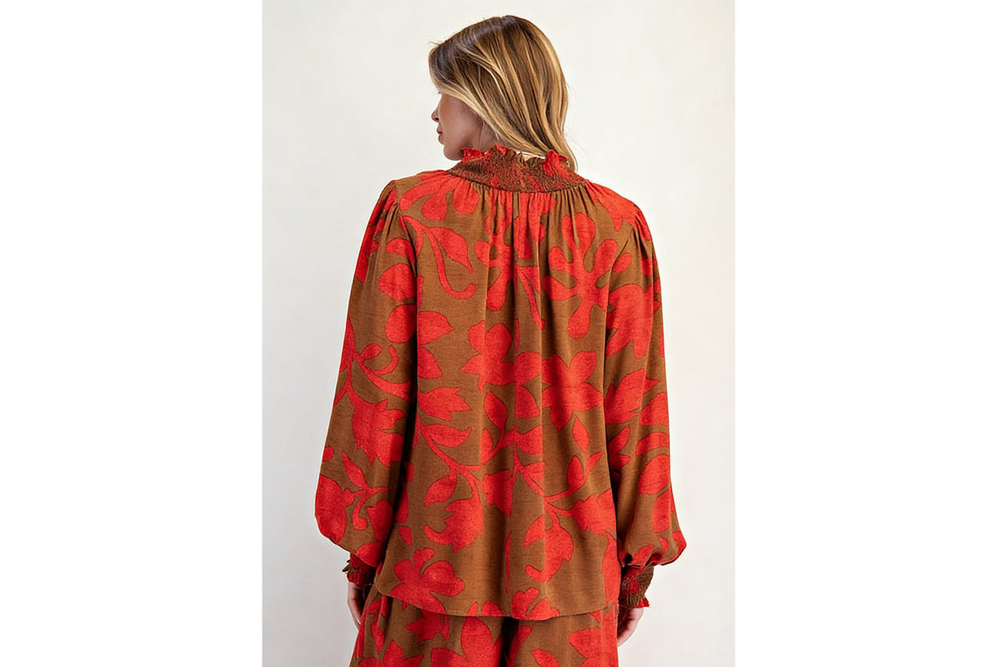 **Floral Print Long-Sleeved Two-Piece Set**