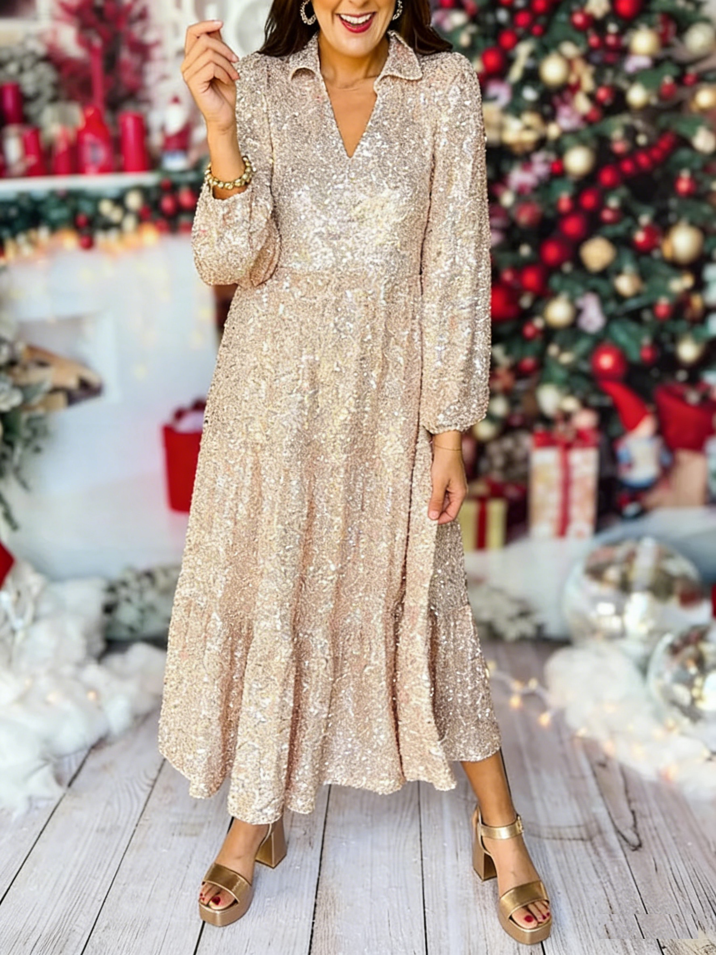 Women's V-Neck Long-Sleeve Sequined Dress