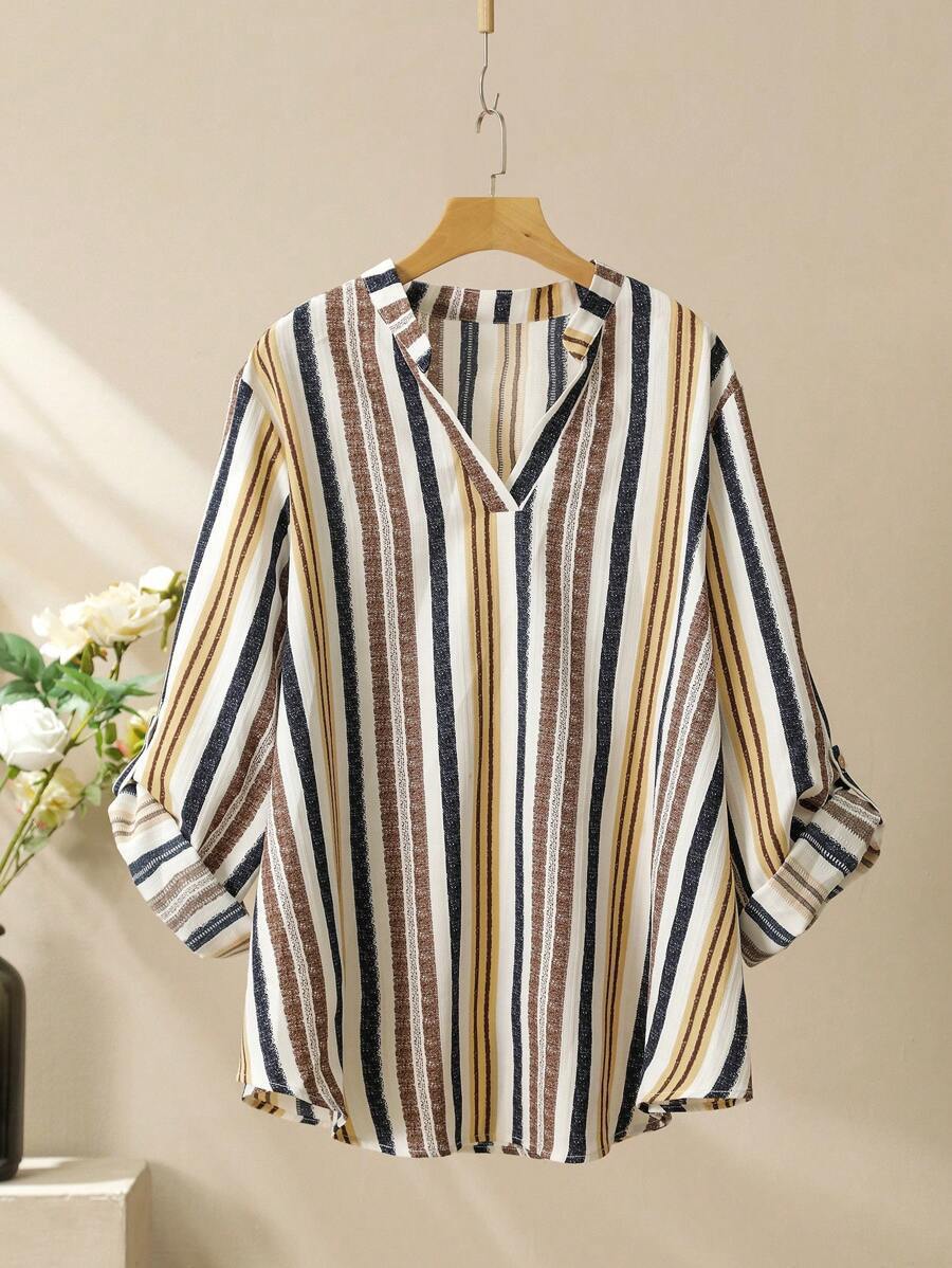 Striped Print V-Neck Set