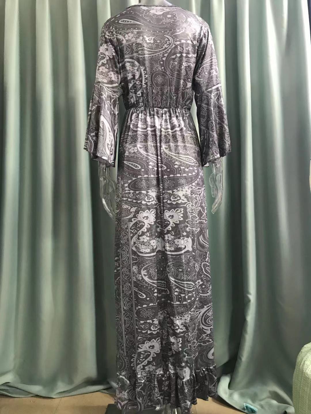 Floral Print V-Neck Flared Sleeve Vacation Maxi Dress