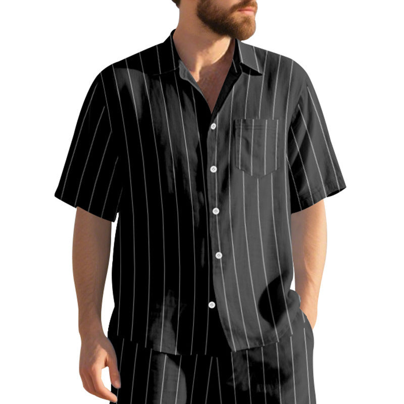 # Striped Linen Short-Sleeve Business Casual Shirt with Lapel