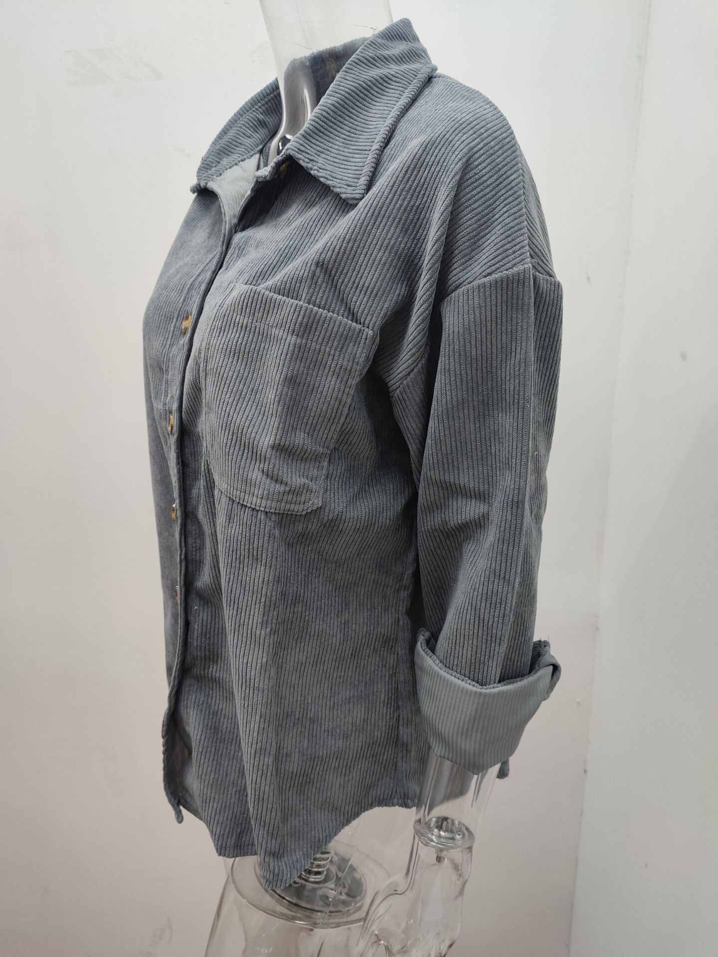 Solid Color Lapel Ribbed Women's Shirt