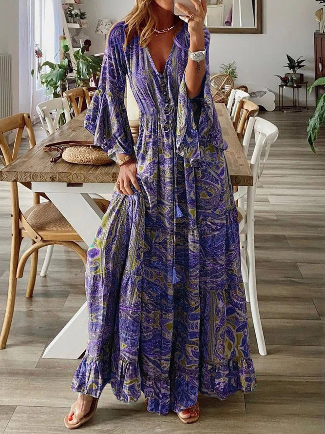 Floral Print V-Neck Flared Sleeve Vacation Maxi Dress