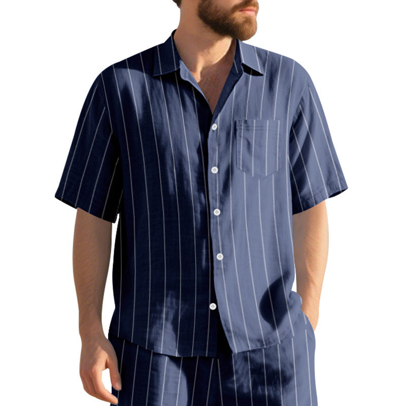 # Striped Linen Short-Sleeve Business Casual Shirt with Lapel