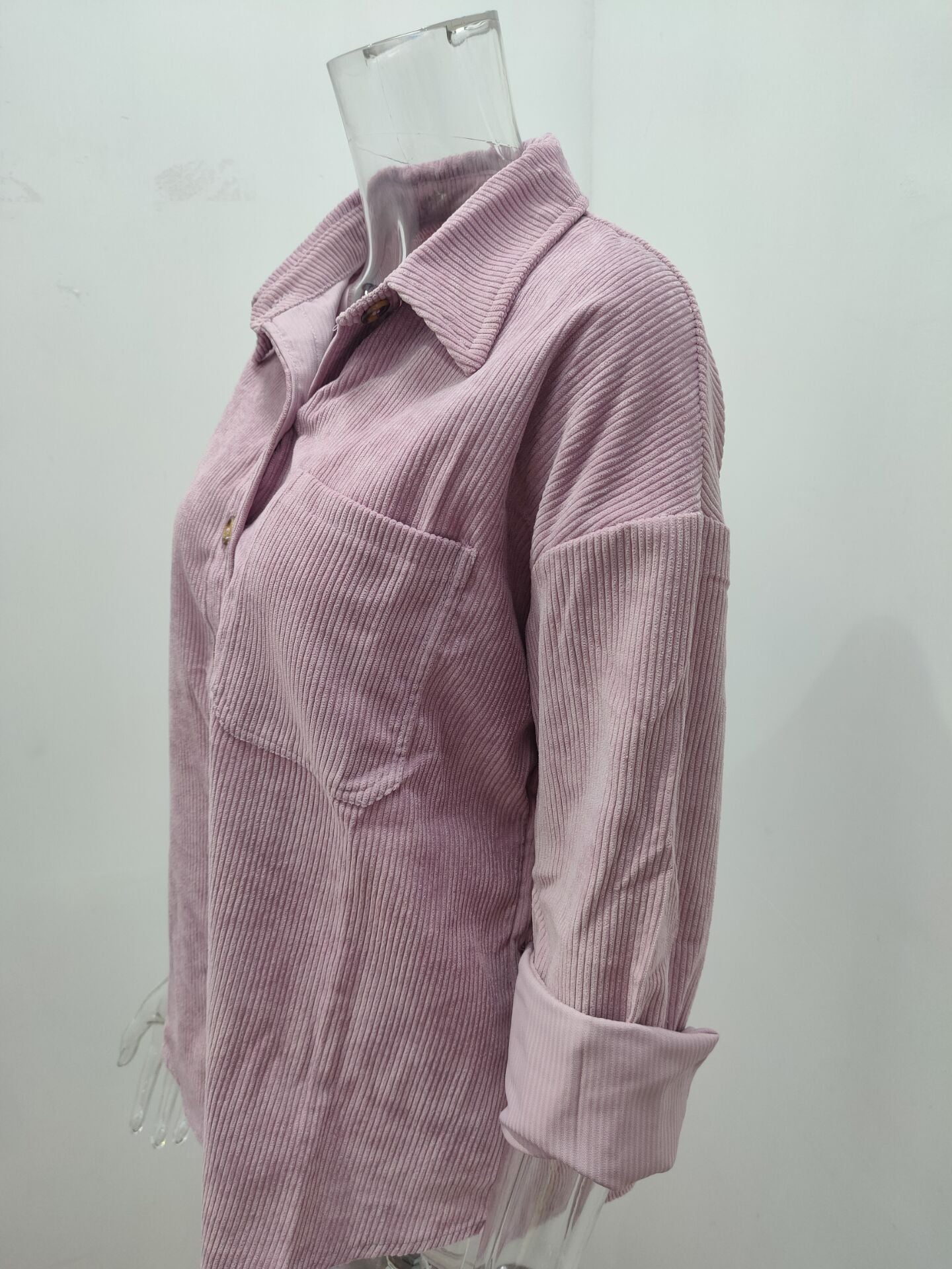 Solid Color Lapel Ribbed Women's Shirt