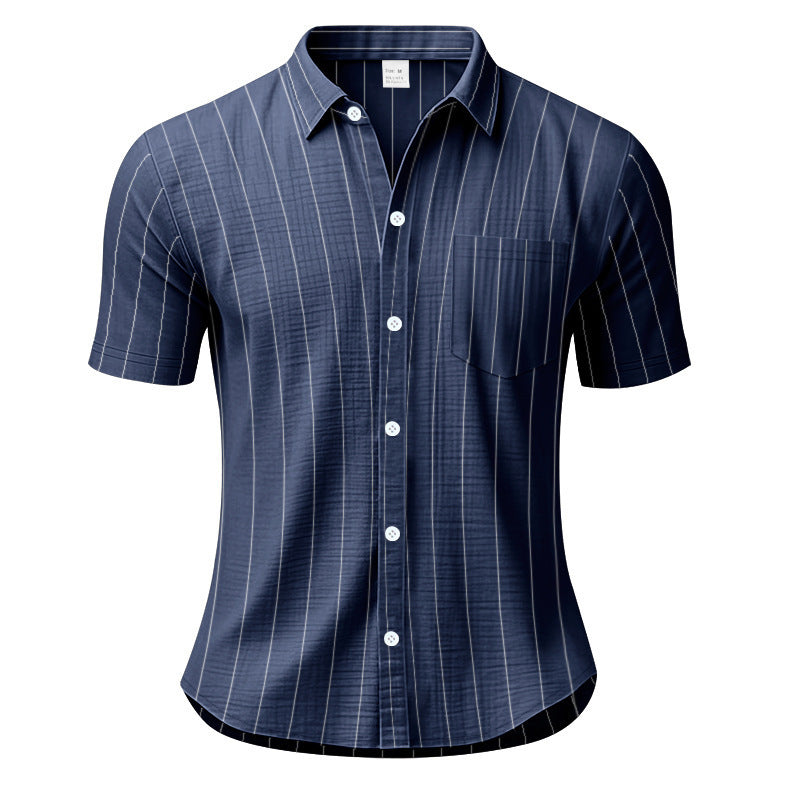 # Striped Linen Short-Sleeve Business Casual Shirt with Lapel