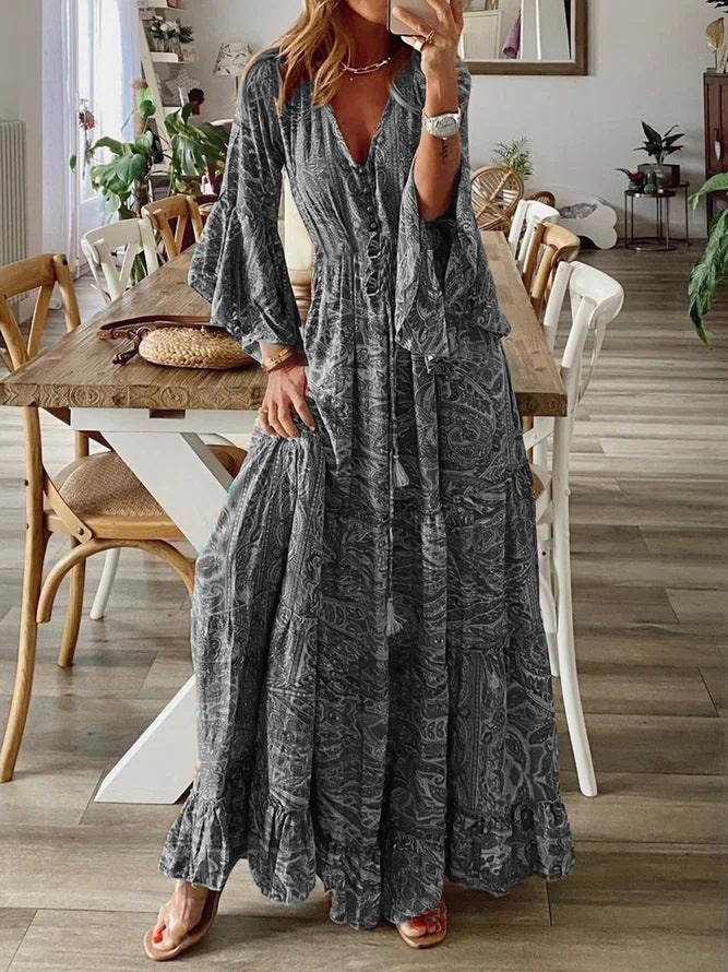 Floral Print V-Neck Flared Sleeve Vacation Maxi Dress
