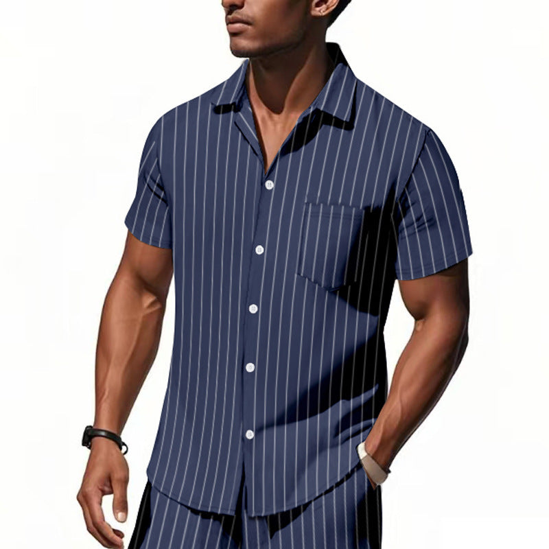 # Striped Linen Short-Sleeve Business Casual Shirt with Lapel
