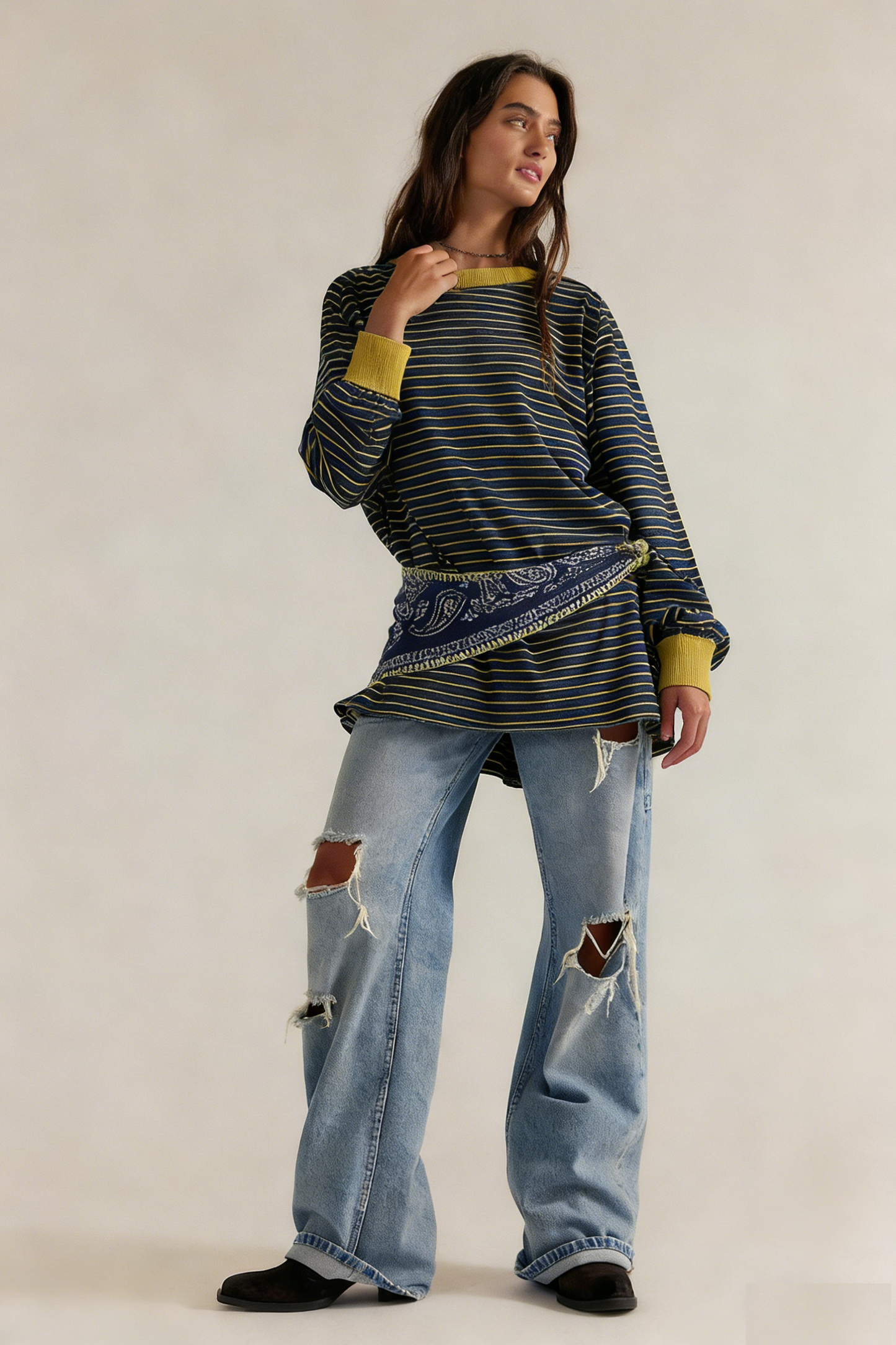 Loose-fitting Casual Striped Color-blocked Long-Sleeve T-Shirt