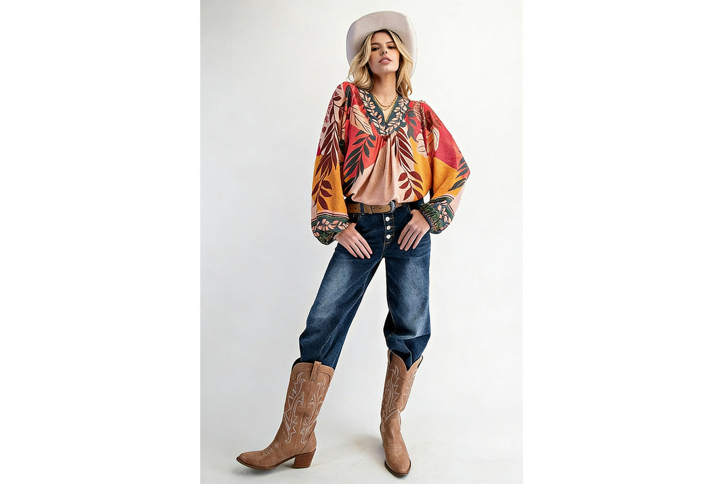 Women's Printed V-Neck Long-Sleeve Shirt