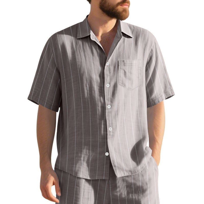 # Striped Linen Short-Sleeve Business Casual Shirt with Lapel