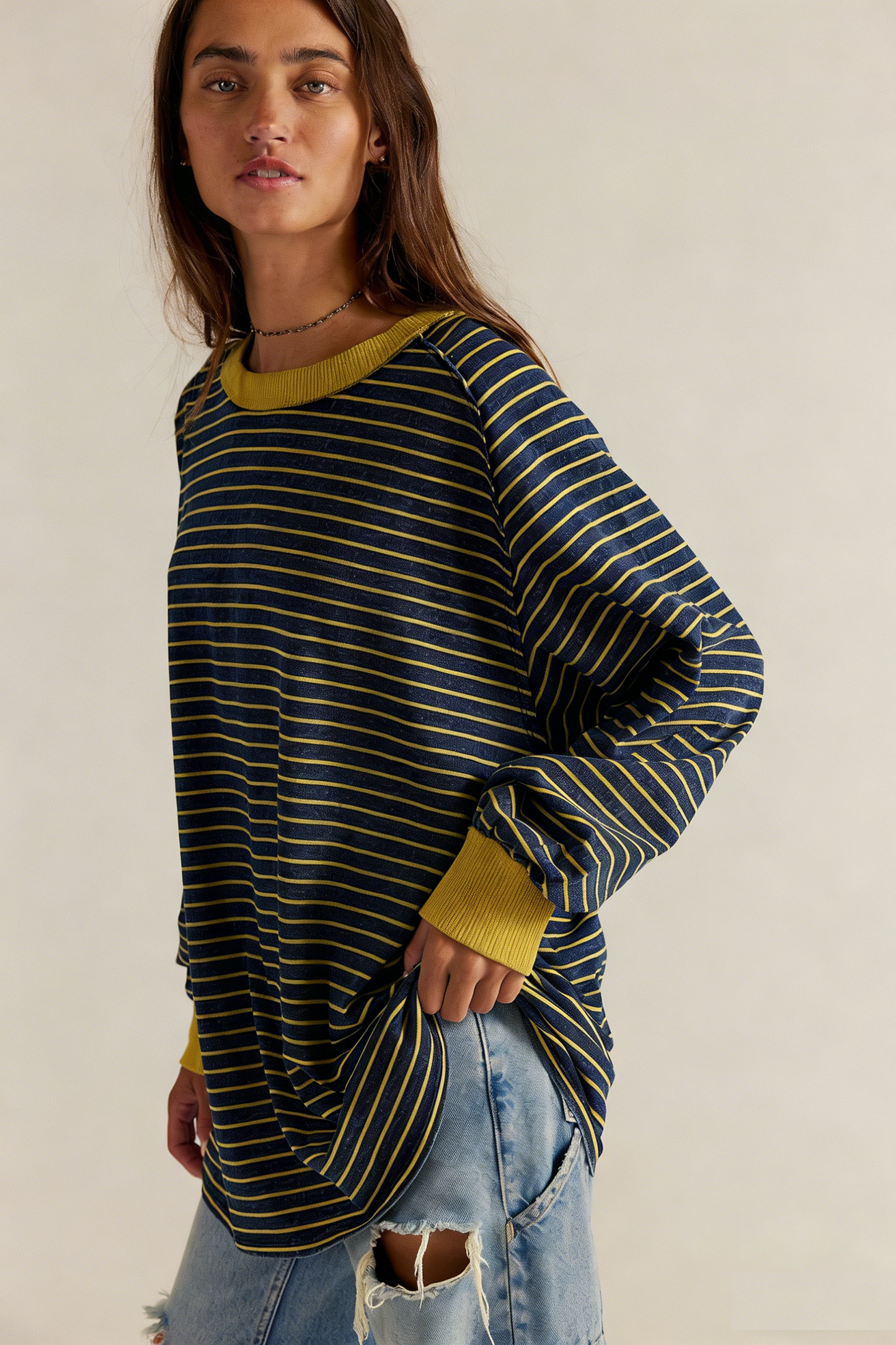 Loose-fitting Casual Striped Color-blocked Long-Sleeve T-Shirt