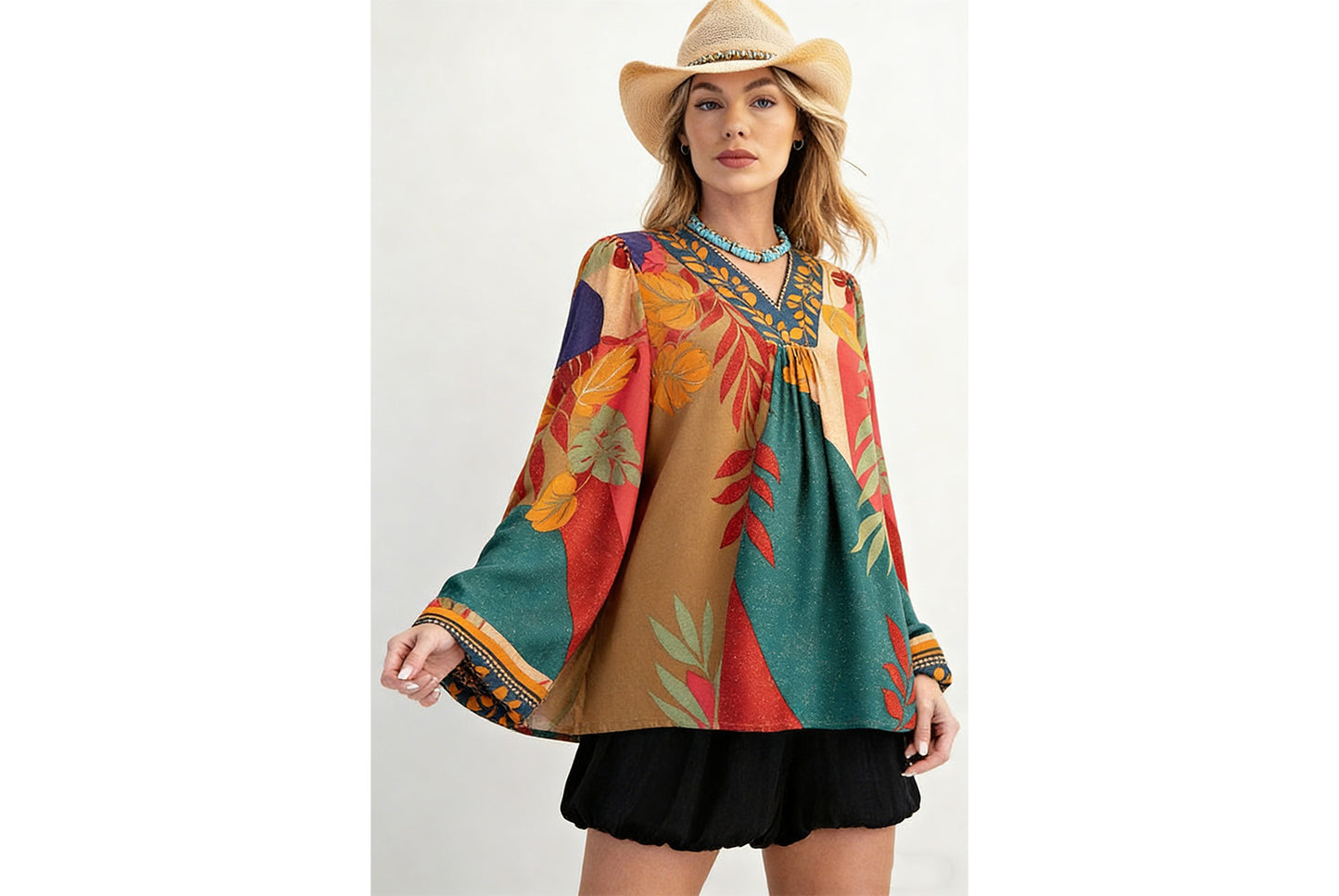Women's Printed V-Neck Long-Sleeve Shirt