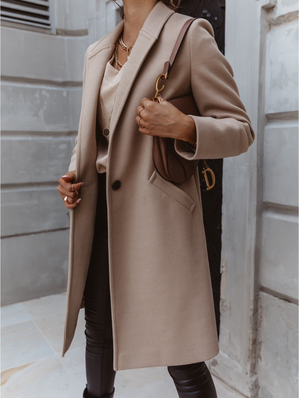 Solid Color Lapel Wool Coat for Women