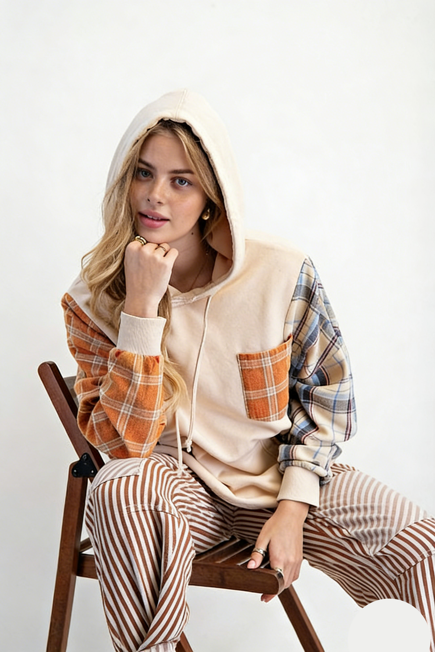 Pattern Patchwork Hooded Sweatshirt with Large Pockets