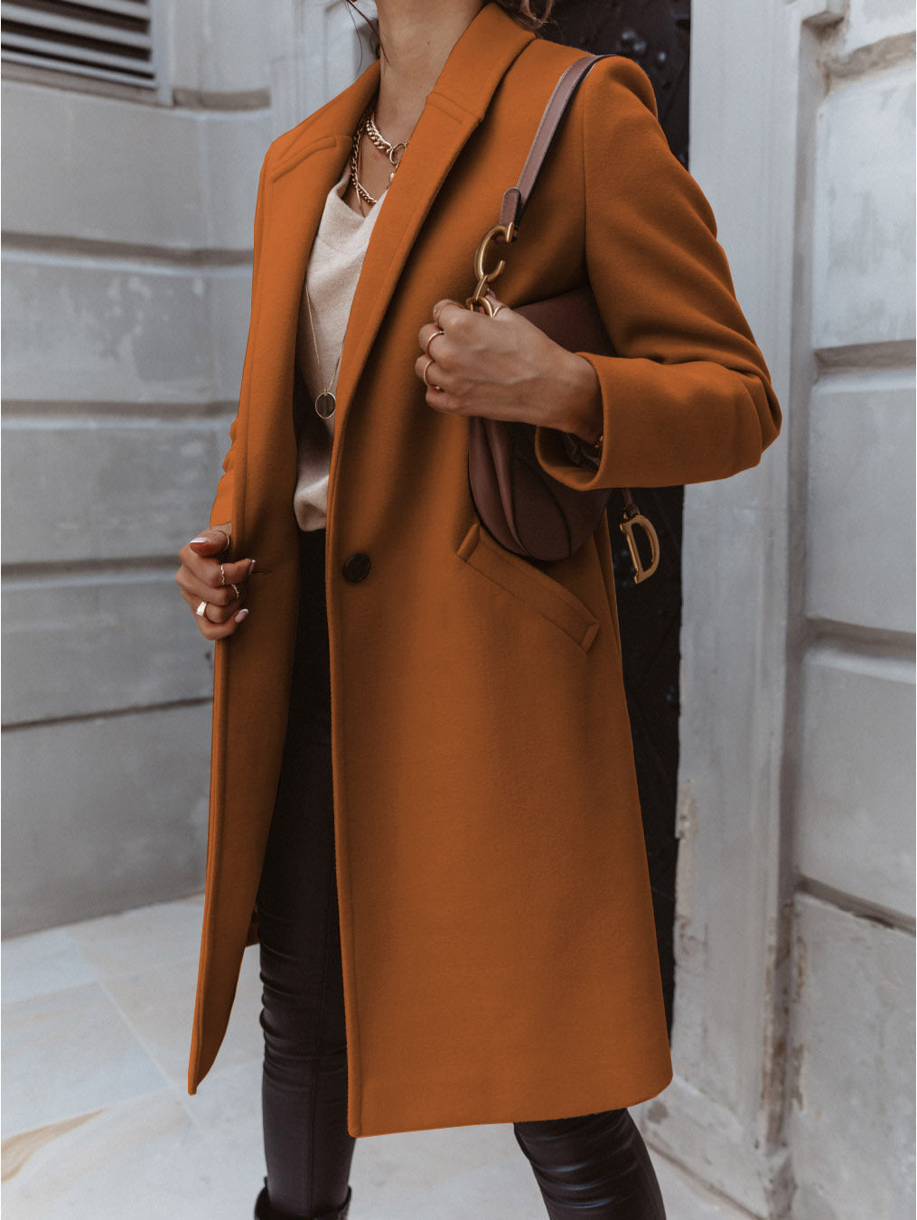 Solid Color Lapel Wool Coat for Women