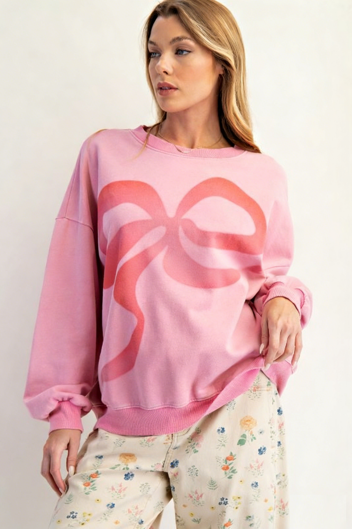 Printed Bow-Tie Crew Neck Pullover Sweatshirt