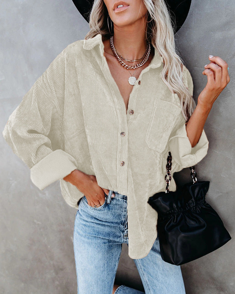 Solid Color Lapel Ribbed Women's Shirt