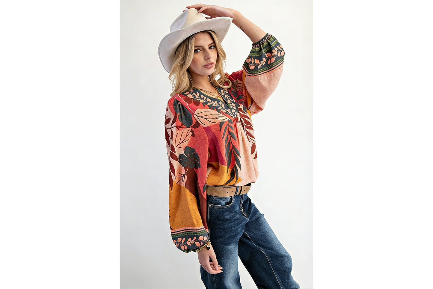 Women's Printed V-Neck Long-Sleeve Shirt