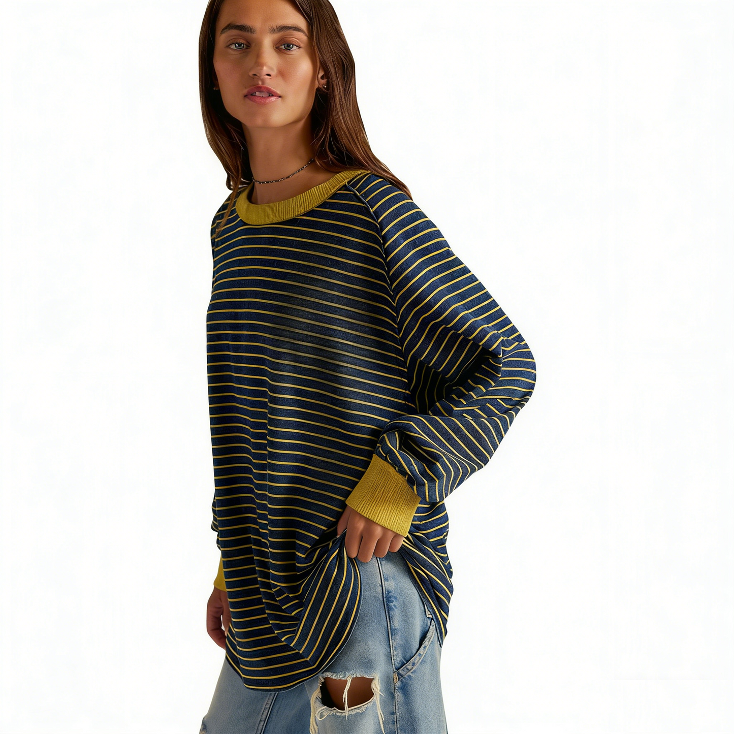 Loose-fitting Casual Striped Color-blocked Long-Sleeve T-Shirt