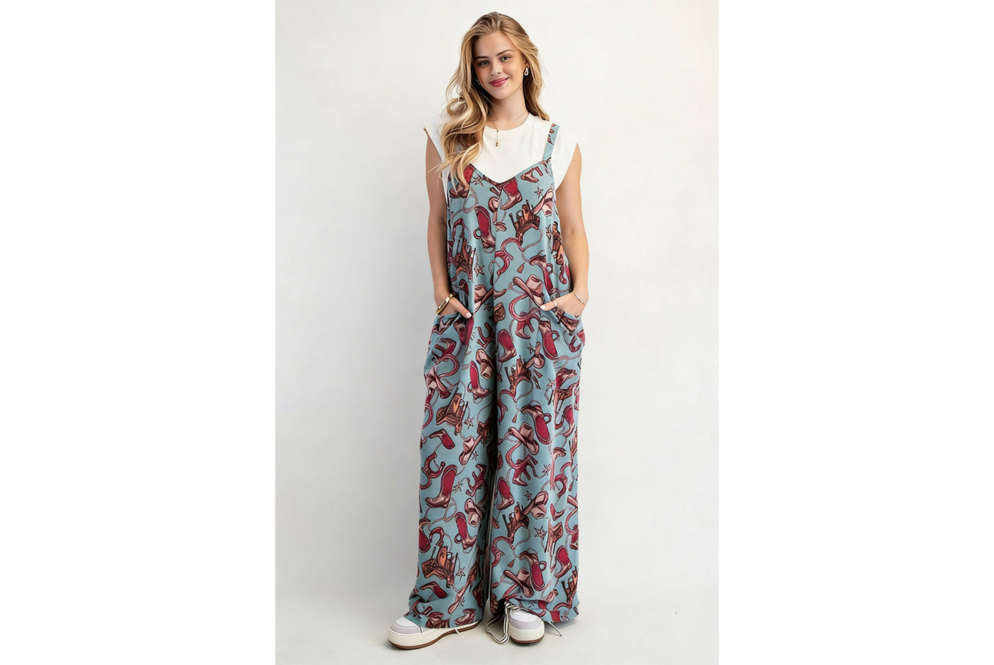 Printed Loose-fitting Straight-leg Overalls