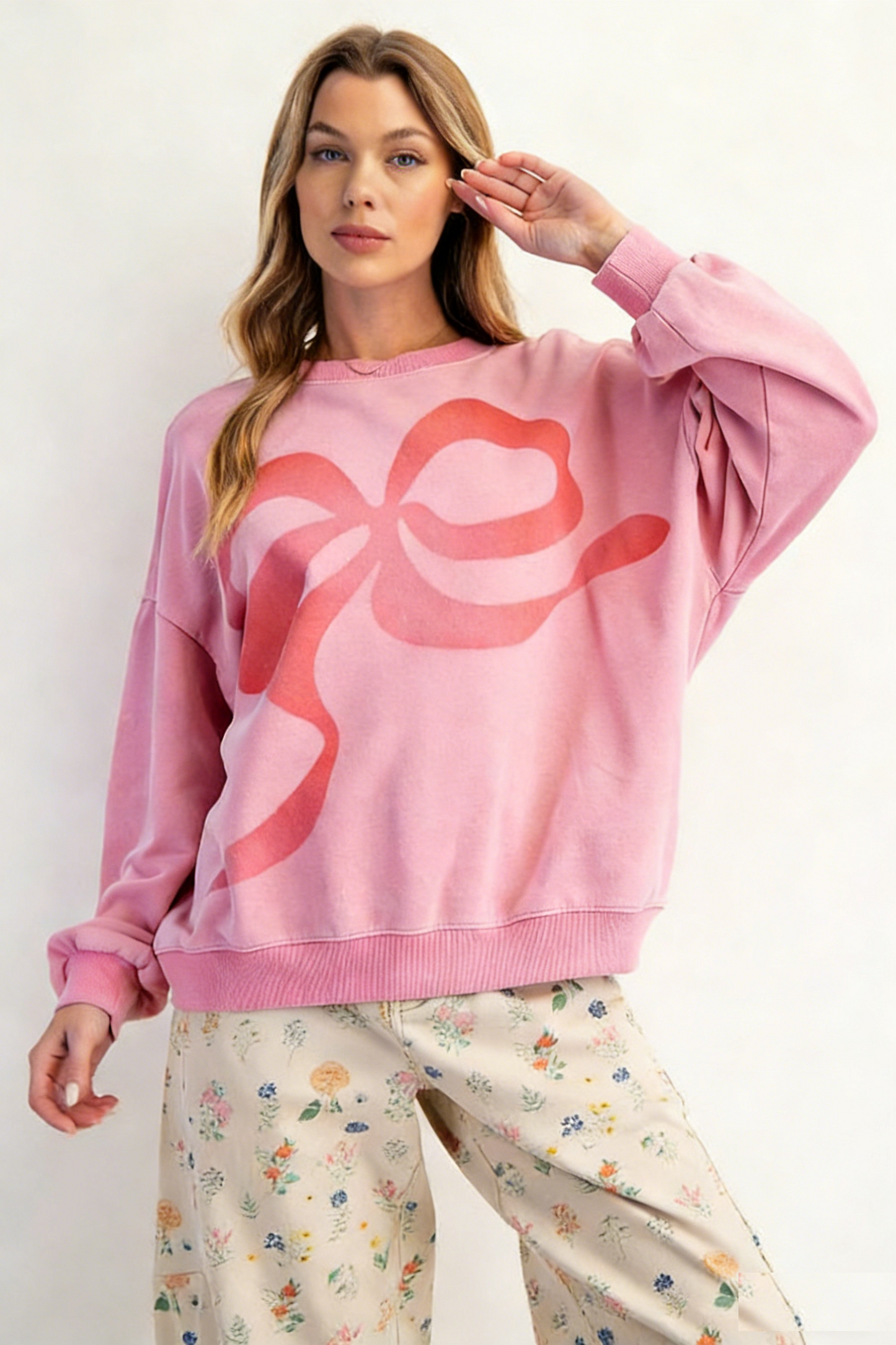 Printed Bow-Tie Crew Neck Pullover Sweatshirt