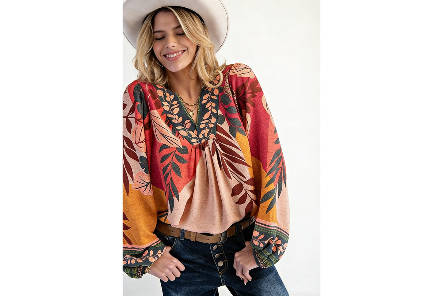 Women's Printed V-Neck Long-Sleeve Shirt