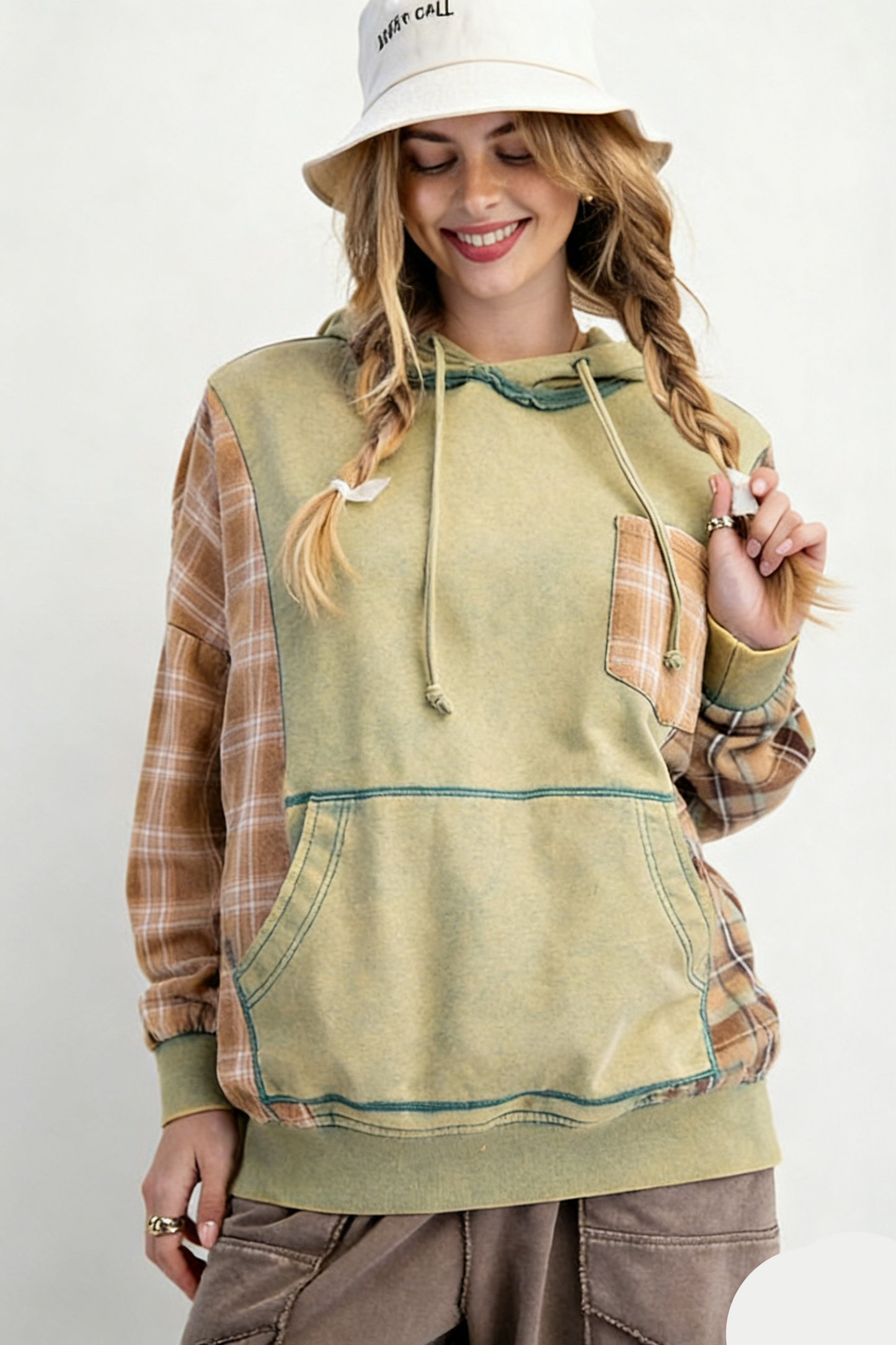 Pattern Patchwork Hooded Sweatshirt with Large Pockets