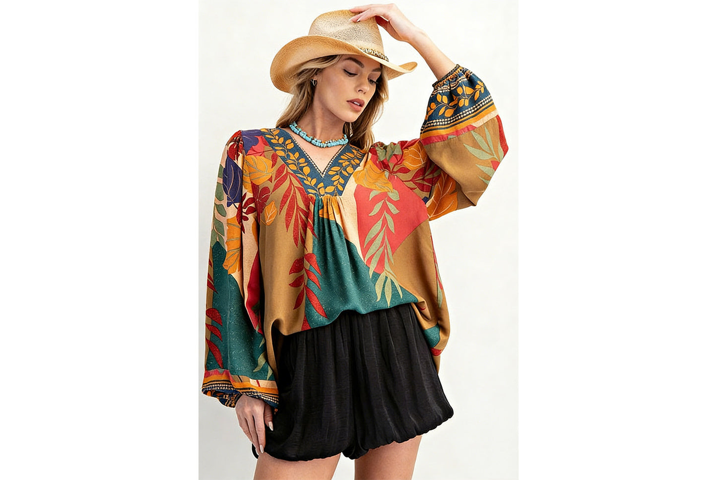 Women's Printed V-Neck Long-Sleeve Shirt