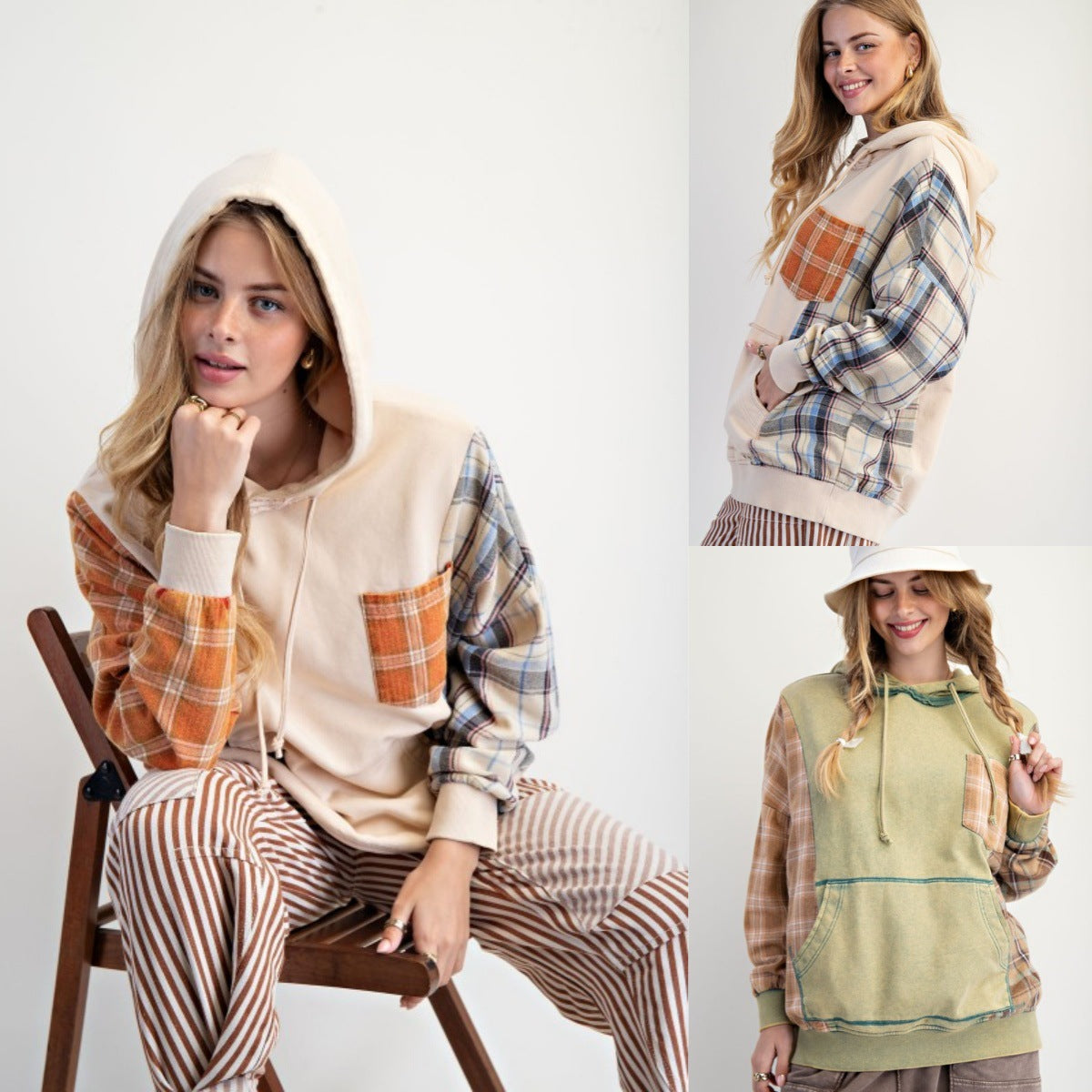 Pattern Patchwork Hooded Sweatshirt with Large Pockets