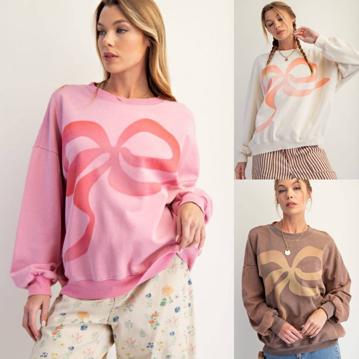Printed Bow-Tie Crew Neck Pullover Sweatshirt