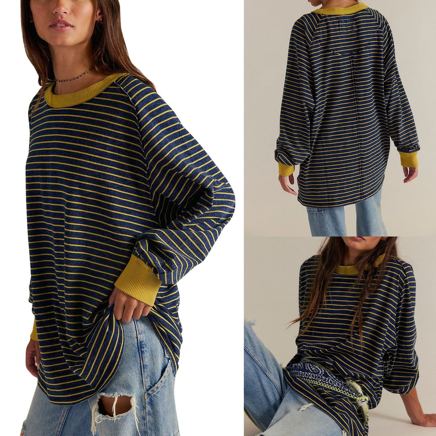 Loose-fitting Casual Striped Color-blocked Long-Sleeve T-Shirt