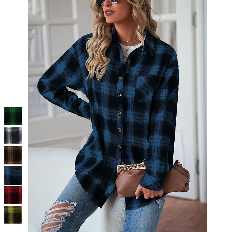European and American Style Collared Plaid Shirt
