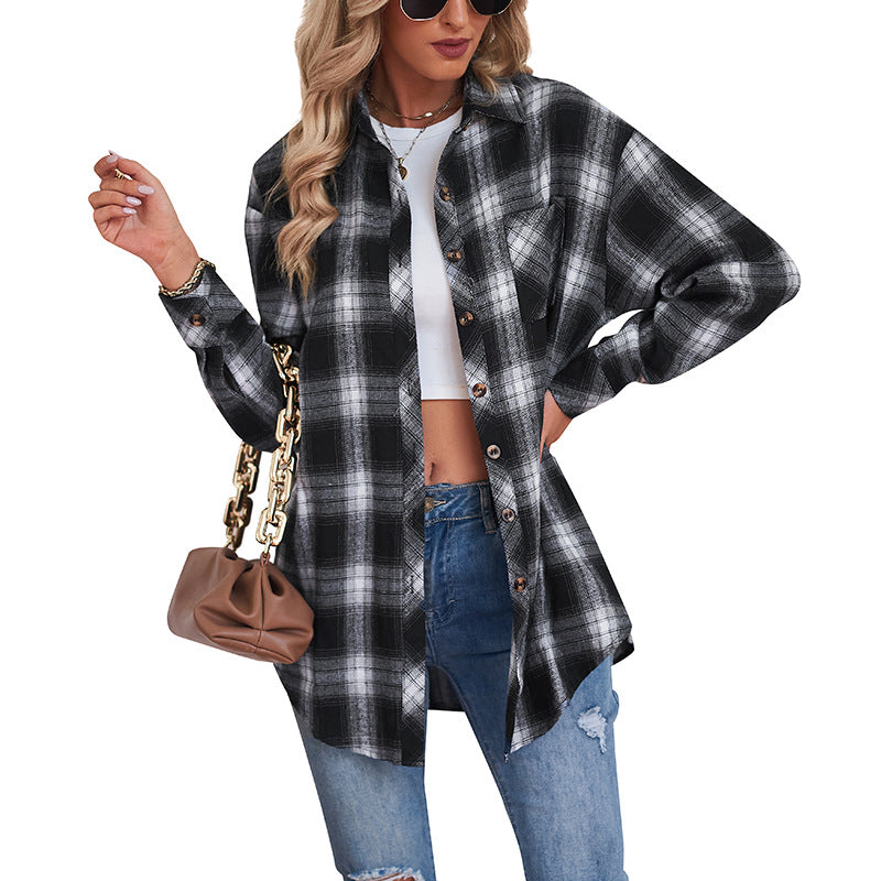 European and American Style Collared Plaid Shirt