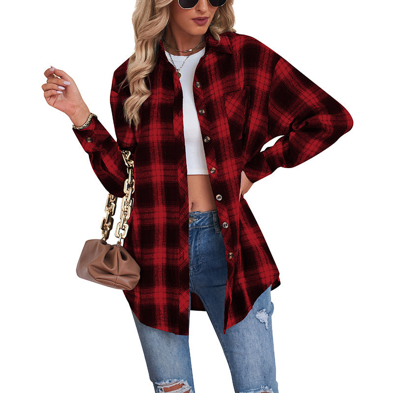 European and American Style Collared Plaid Shirt