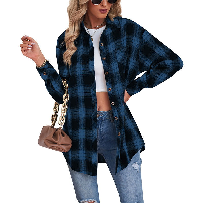 European and American Style Collared Plaid Shirt