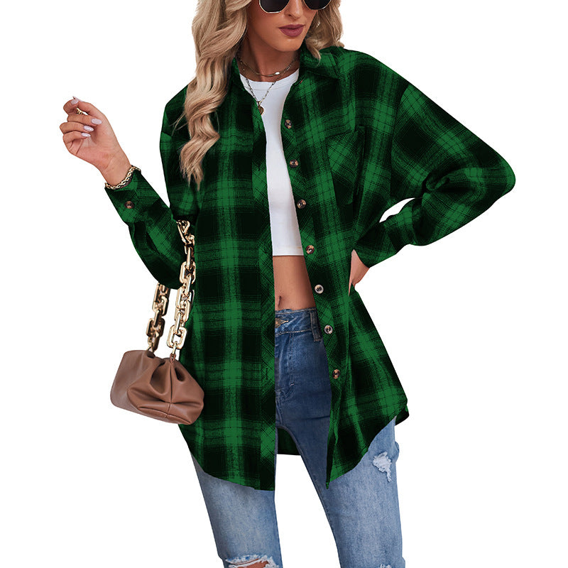 European and American Style Collared Plaid Shirt