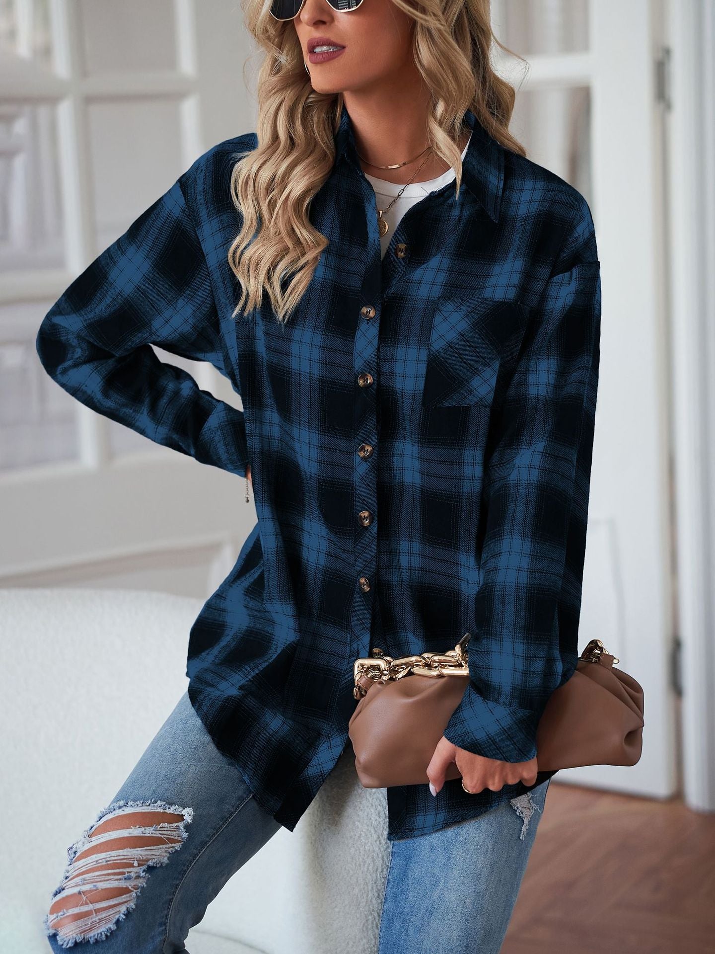 European and American Style Collared Plaid Shirt