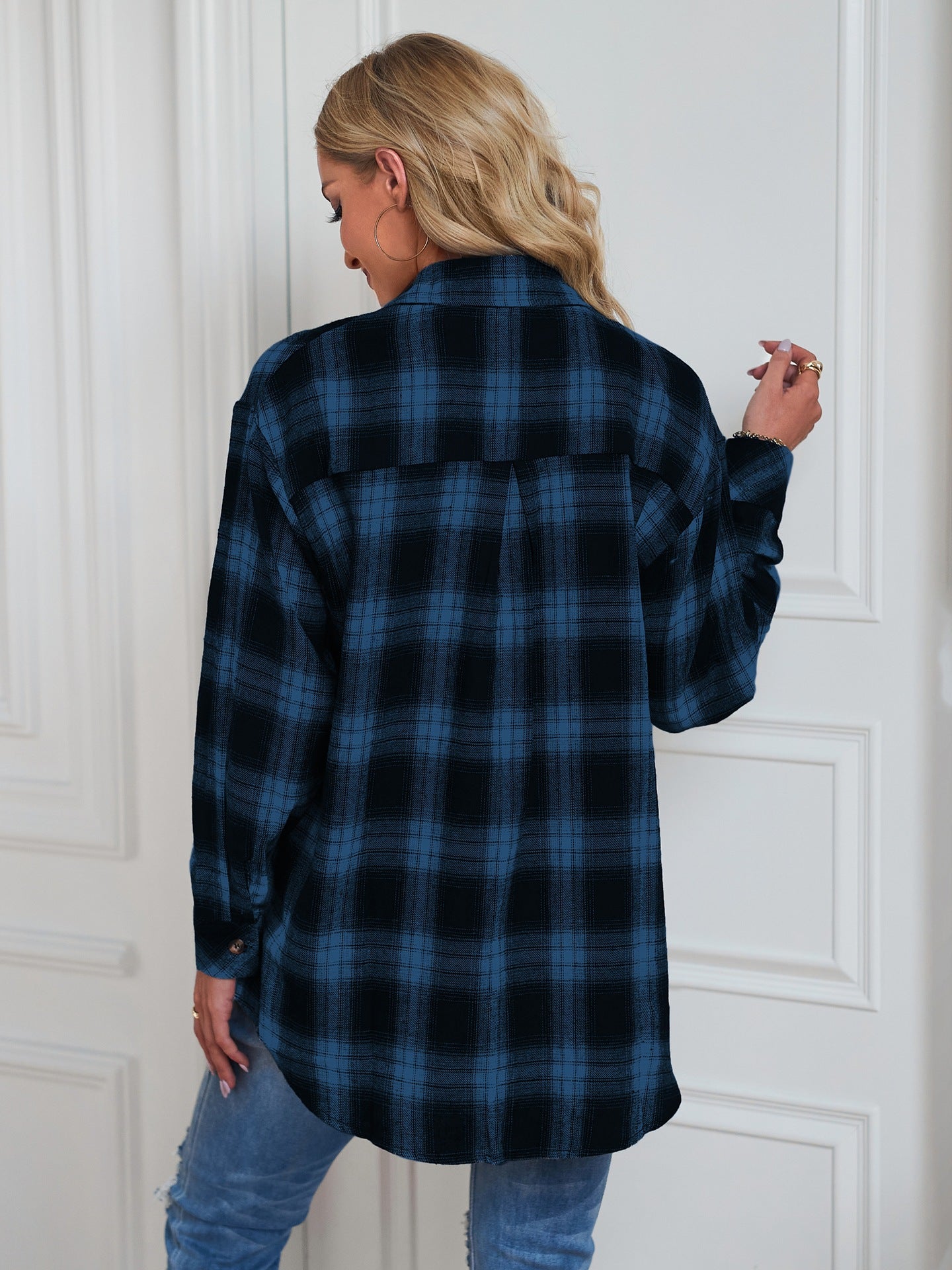 European and American Style Collared Plaid Shirt